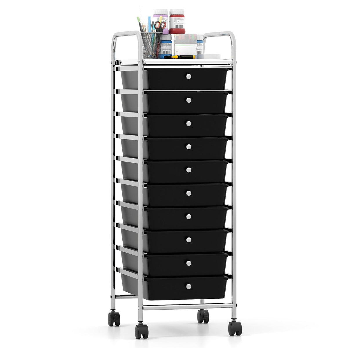 10-Drawer Rolling Storage Cart with Metal Frame and Lockable Universal Wheels-Black