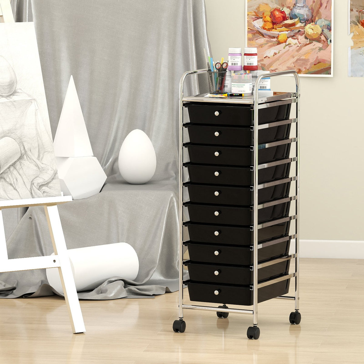 10-Drawer Rolling Storage Cart with Metal Frame and Lockable Universal Wheels-Black view 2