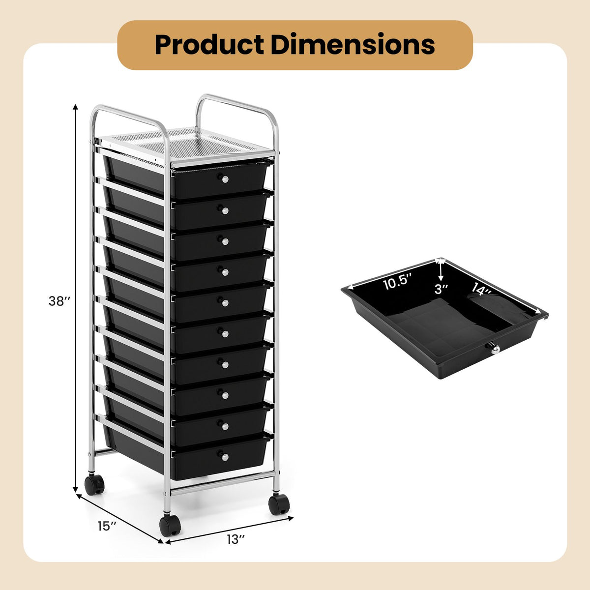 10-Drawer Rolling Storage Cart with Metal Frame and Lockable Universal Wheels-Black view 3