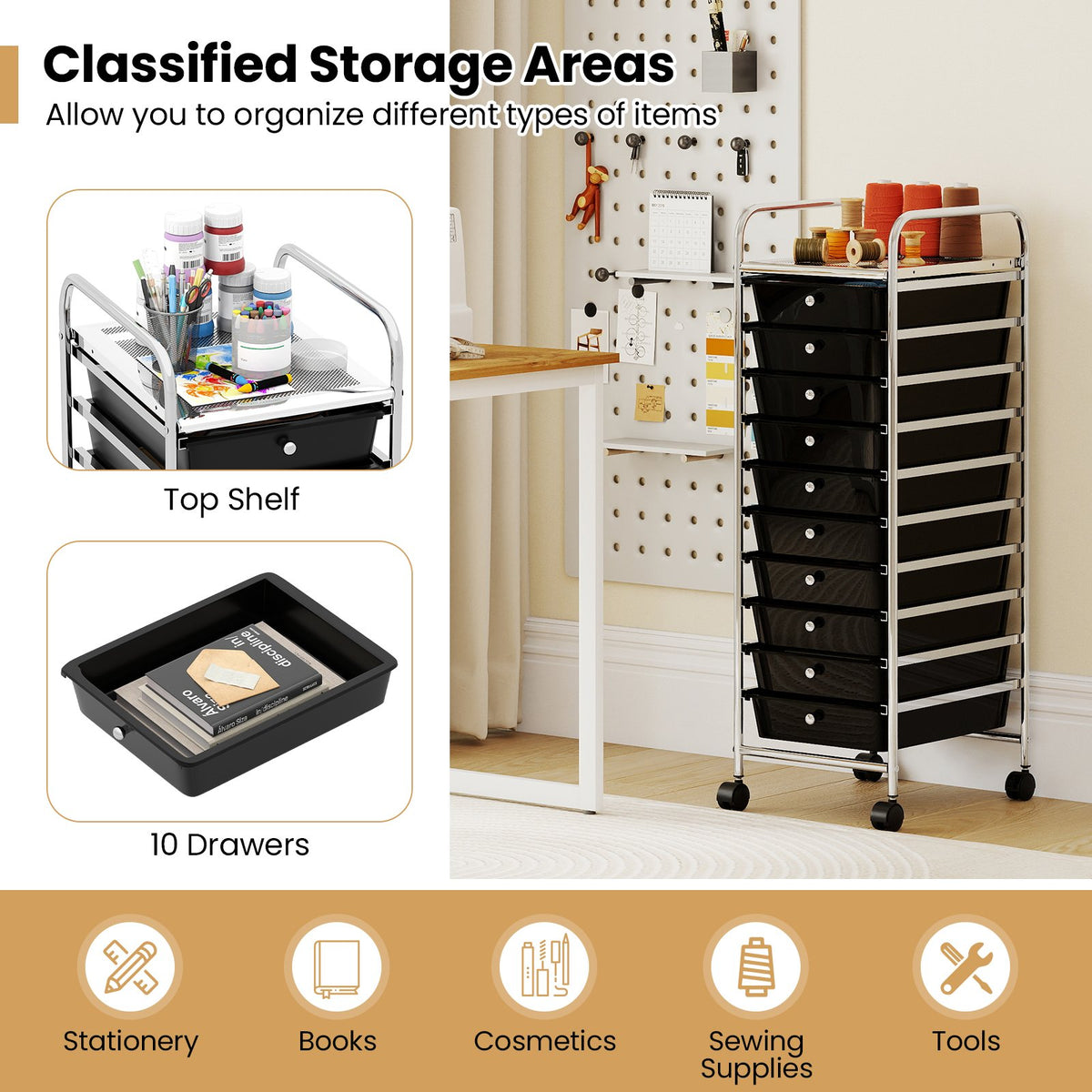 10-Drawer Rolling Storage Cart with Metal Frame and Lockable Universal Wheels-Black view 4