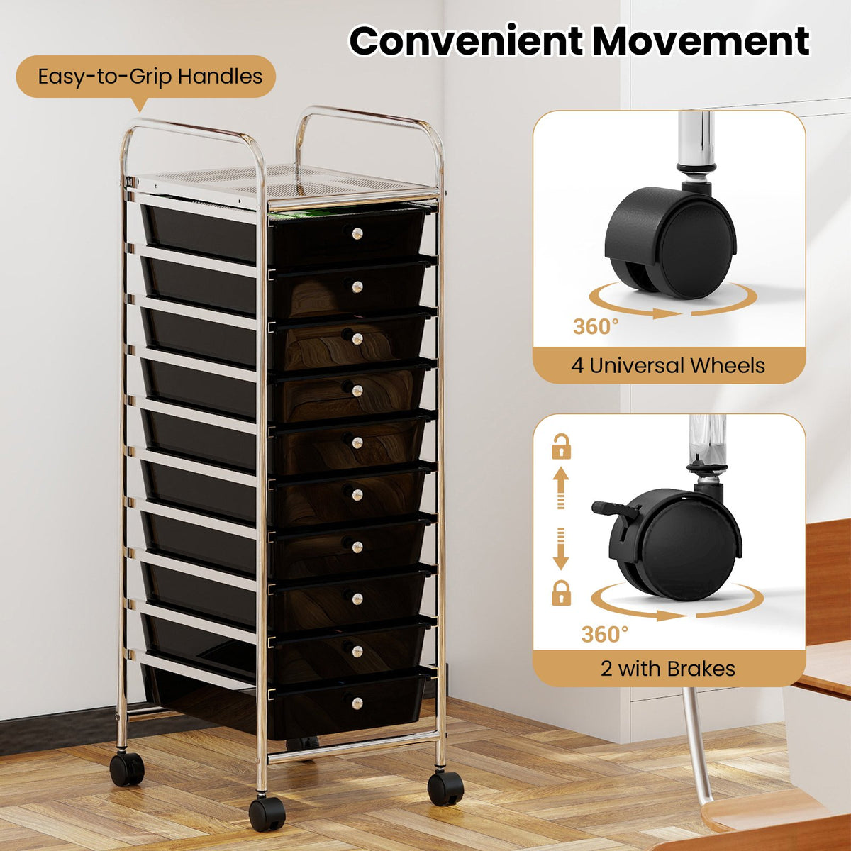10-Drawer Rolling Storage Cart with Metal Frame and Lockable Universal Wheels-Black view 5