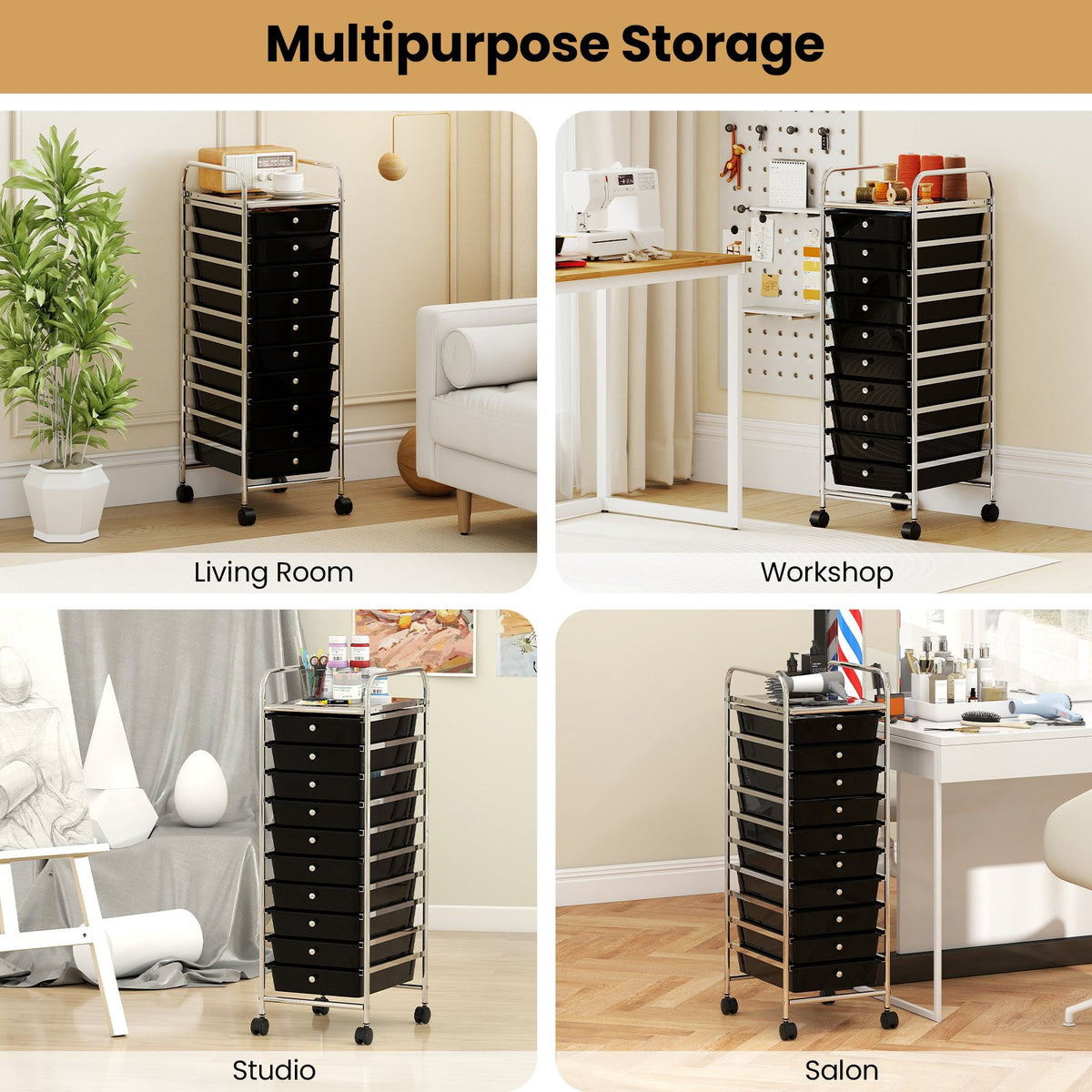 10-Drawer Rolling Storage Cart with Metal Frame and Lockable Universal Wheels-Black view 7