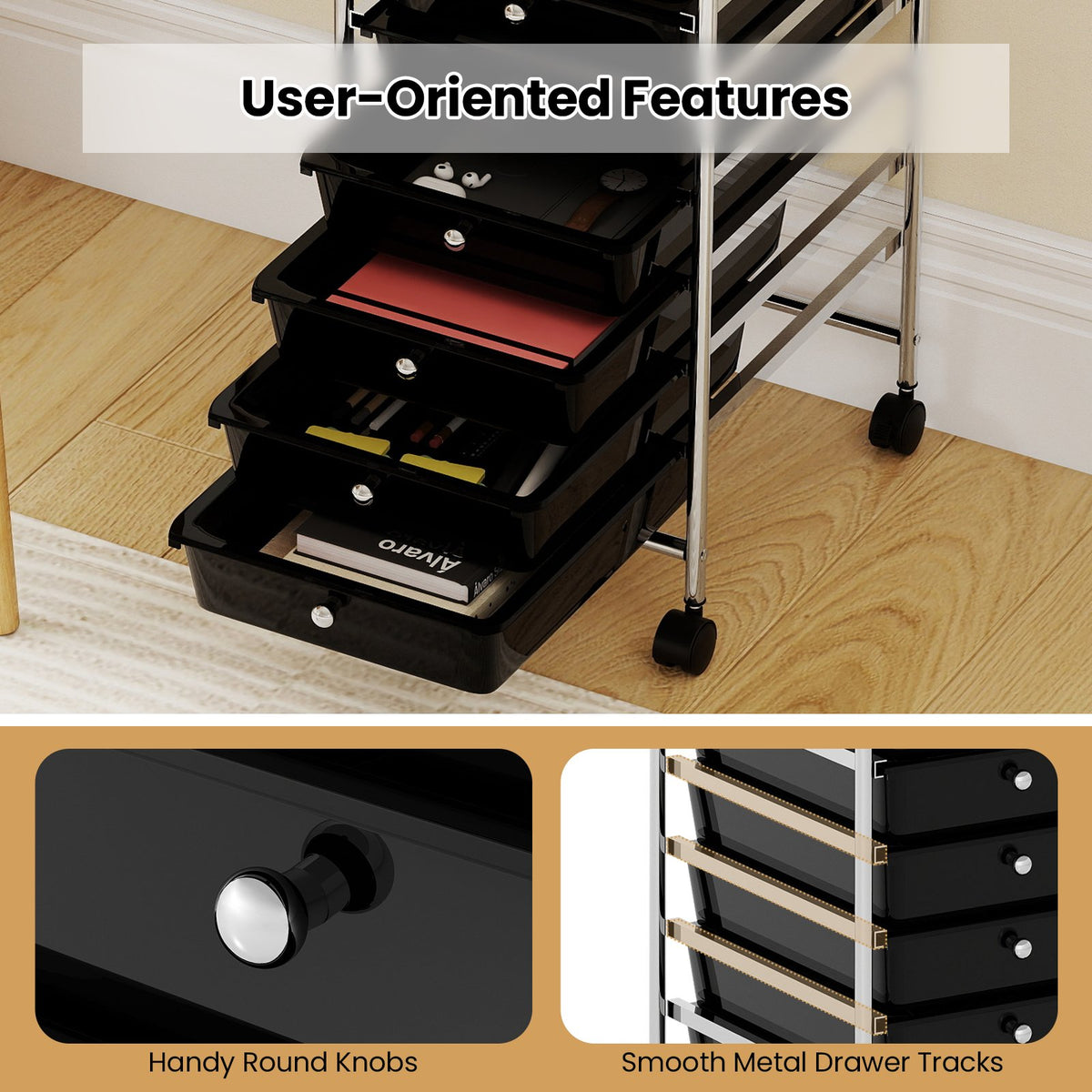 10-Drawer Rolling Storage Cart with Metal Frame and Lockable Universal Wheels-Black view 8