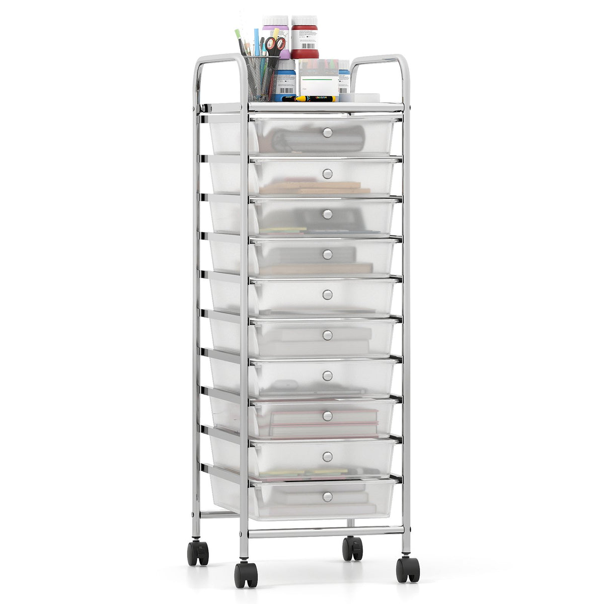 10-Drawer Rolling Storage Cart with Metal Frame and Lockable Universal Wheels-White
