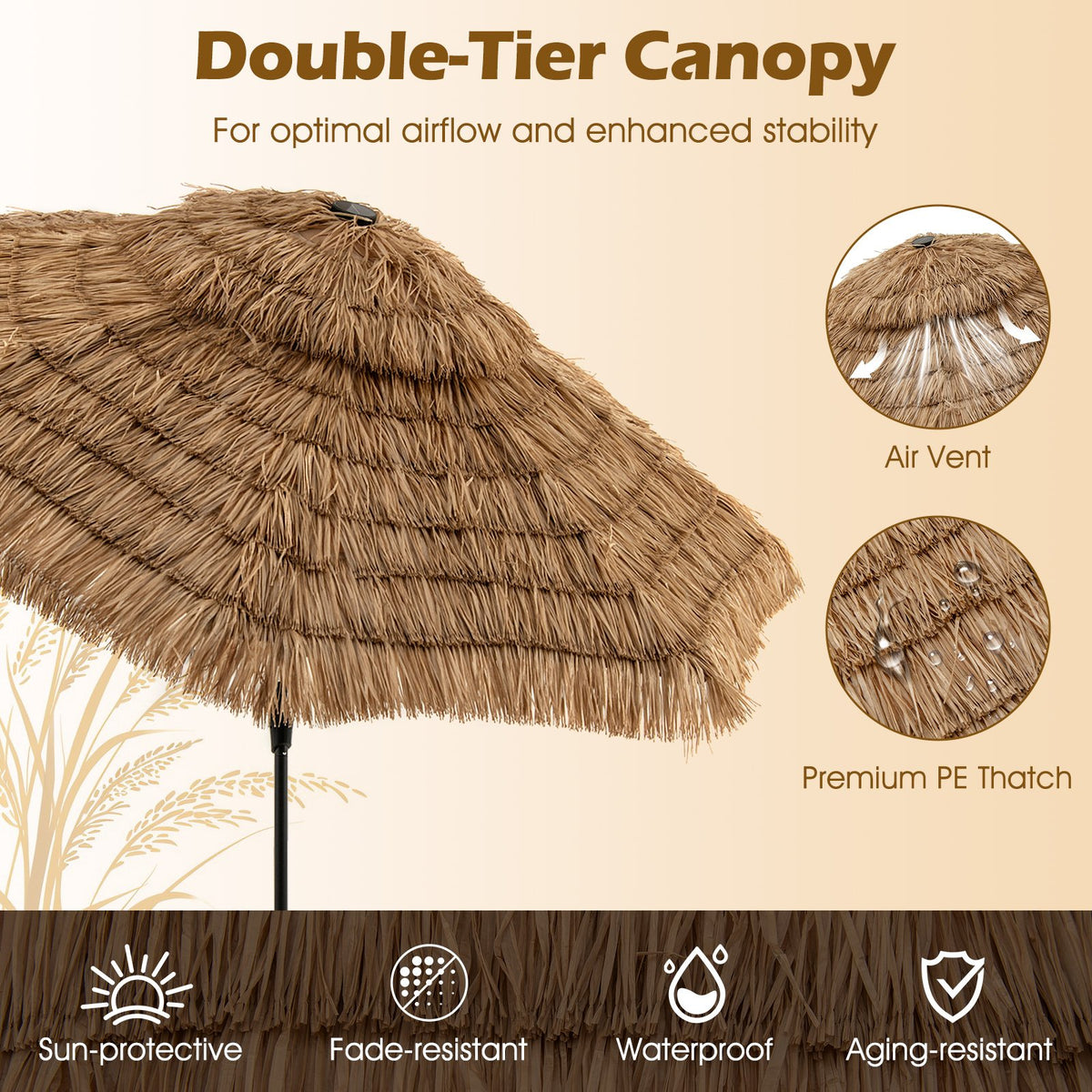 10 Feet Hawaiian Style Solar Lighted Thatched Tiki Patio Umbrella view 6