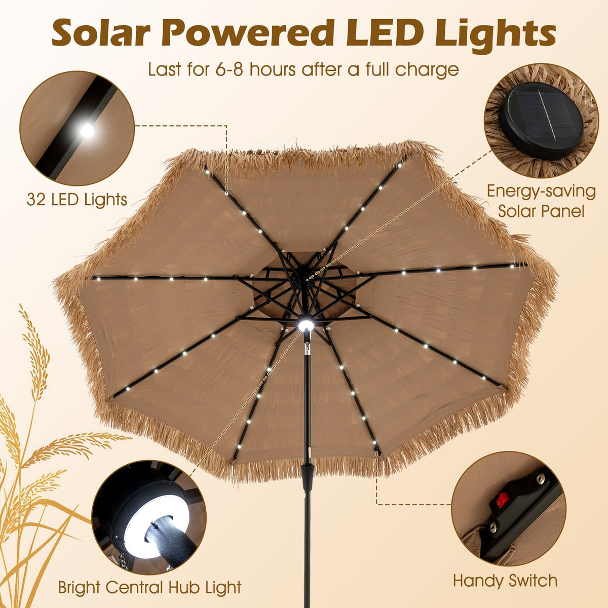 10 Feet Hawaiian Style Solar Lighted Thatched Tiki Patio Umbrella view 8