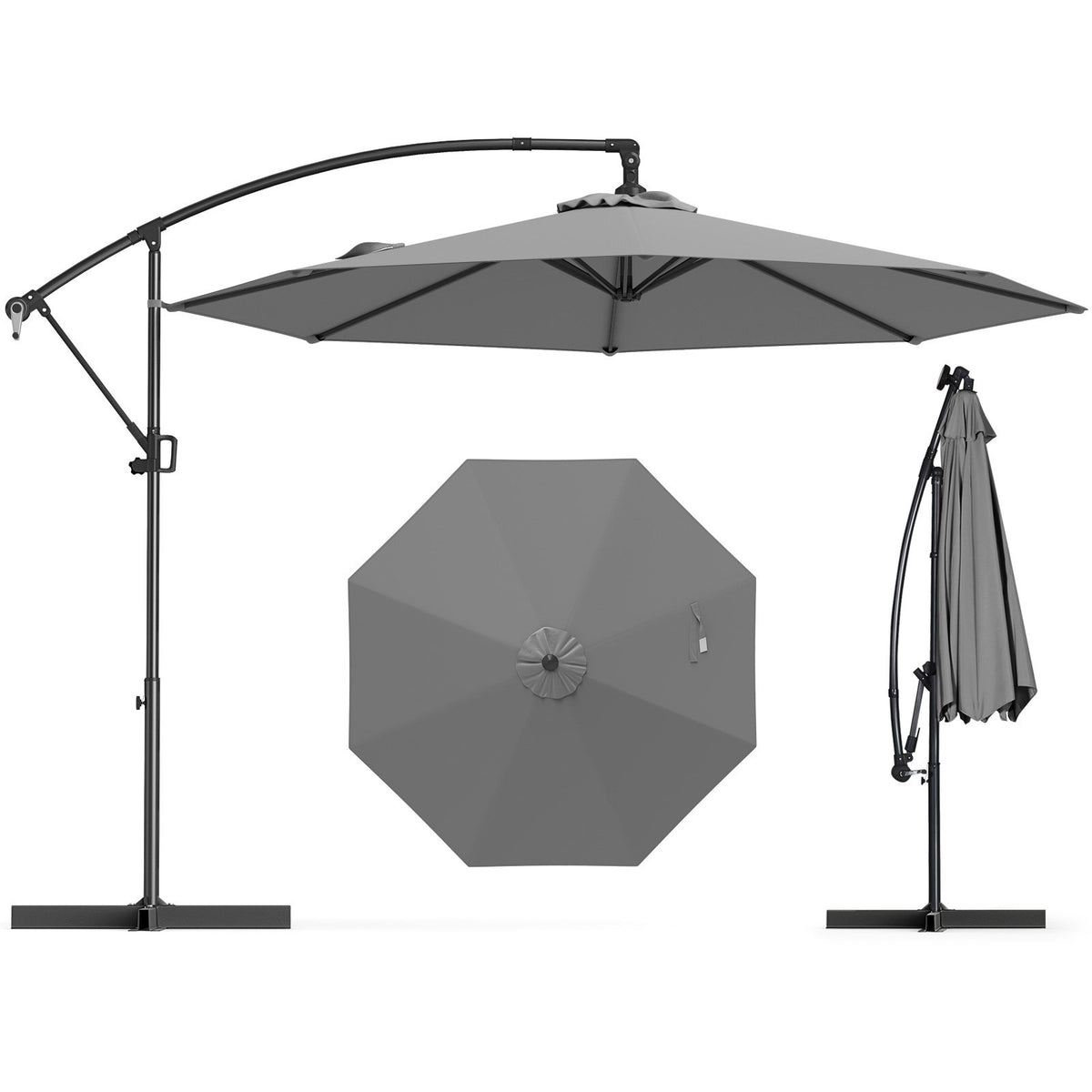 10 Feet Offset Hanging Umbrella with Base and Infinite Tilt-Gray view 4