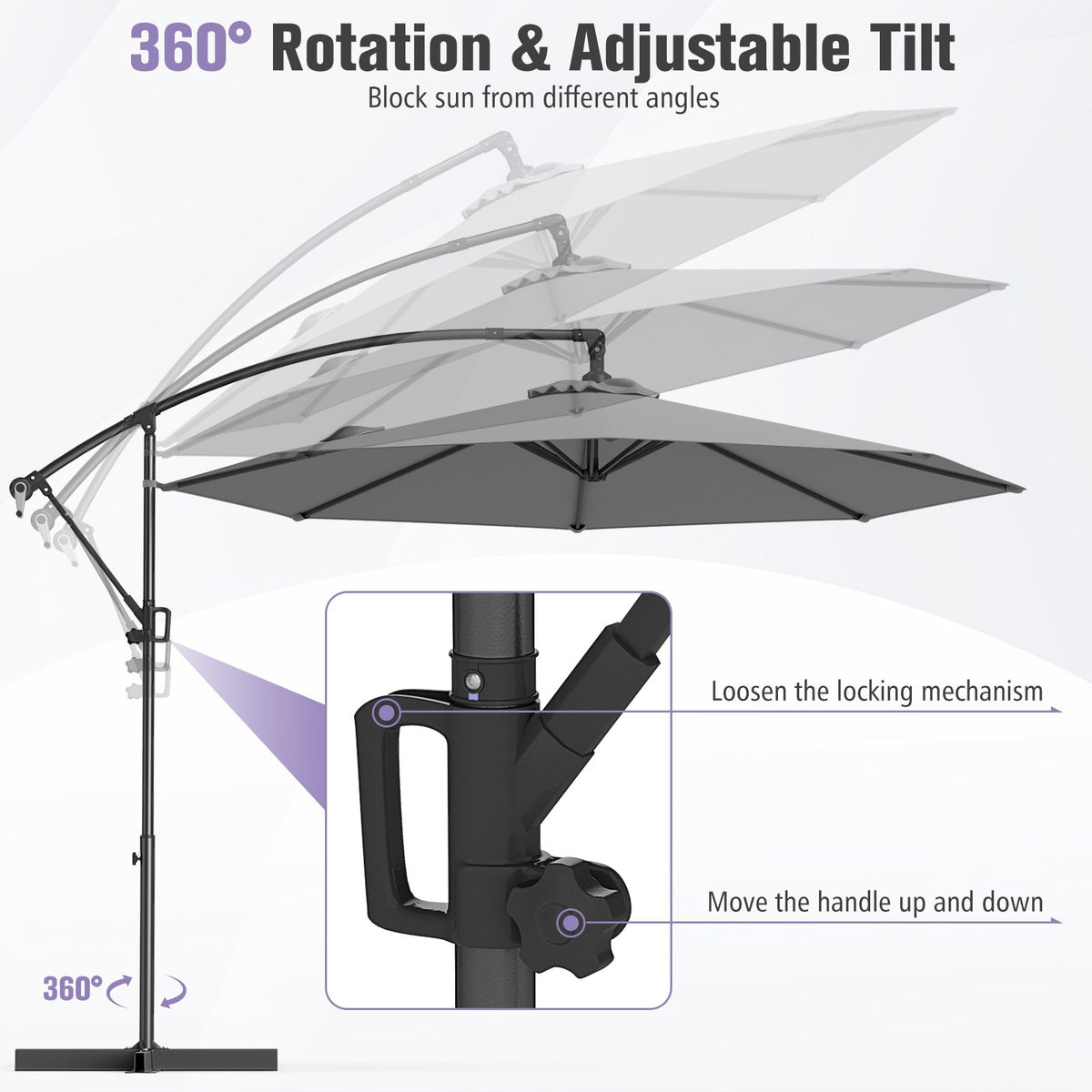 10 Feet Offset Hanging Umbrella with Base and Infinite Tilt-Gray view 7