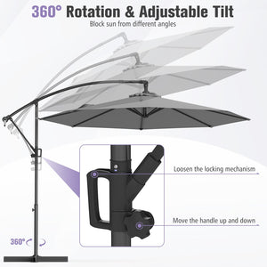 10 Feet Offset Hanging Umbrella with Base and Infinite Tilt-Gray view 7