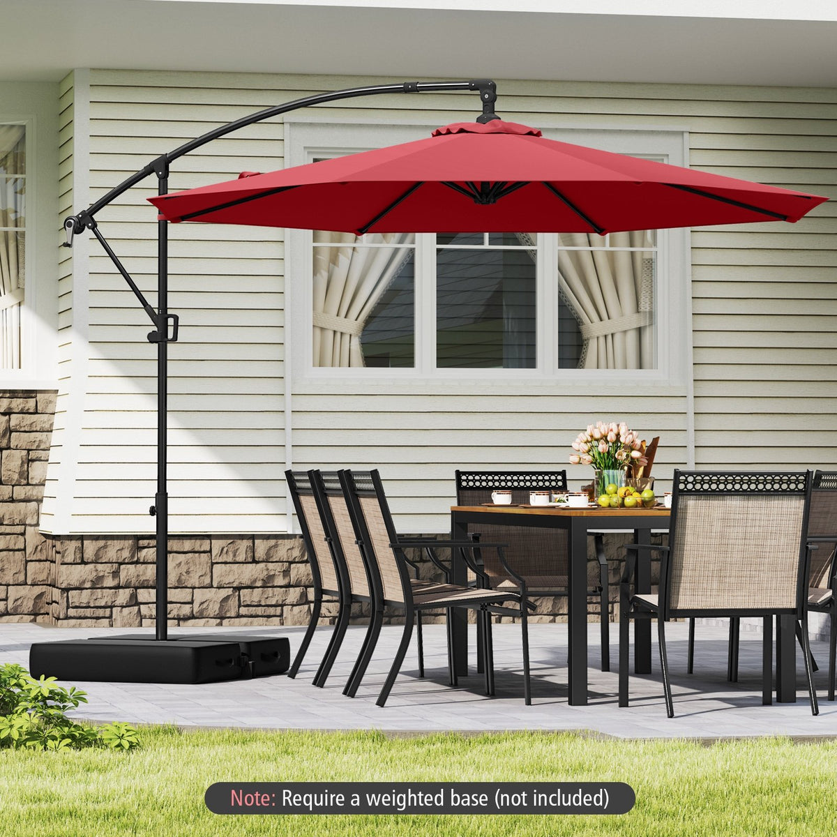 10 Feet Offset Hanging Umbrella with Base and Infinite Tilt-Wine view 6