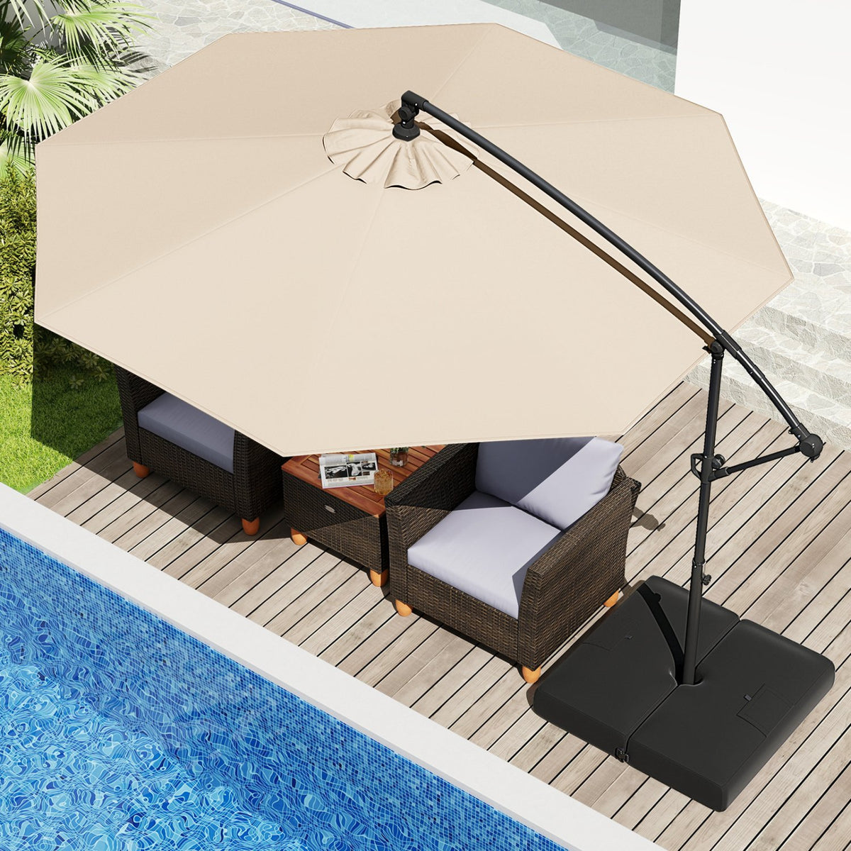 10 Feet Offset Hanging Umbrella with Base Patio Cantilever Umbrella with Tilt-Beige view 2