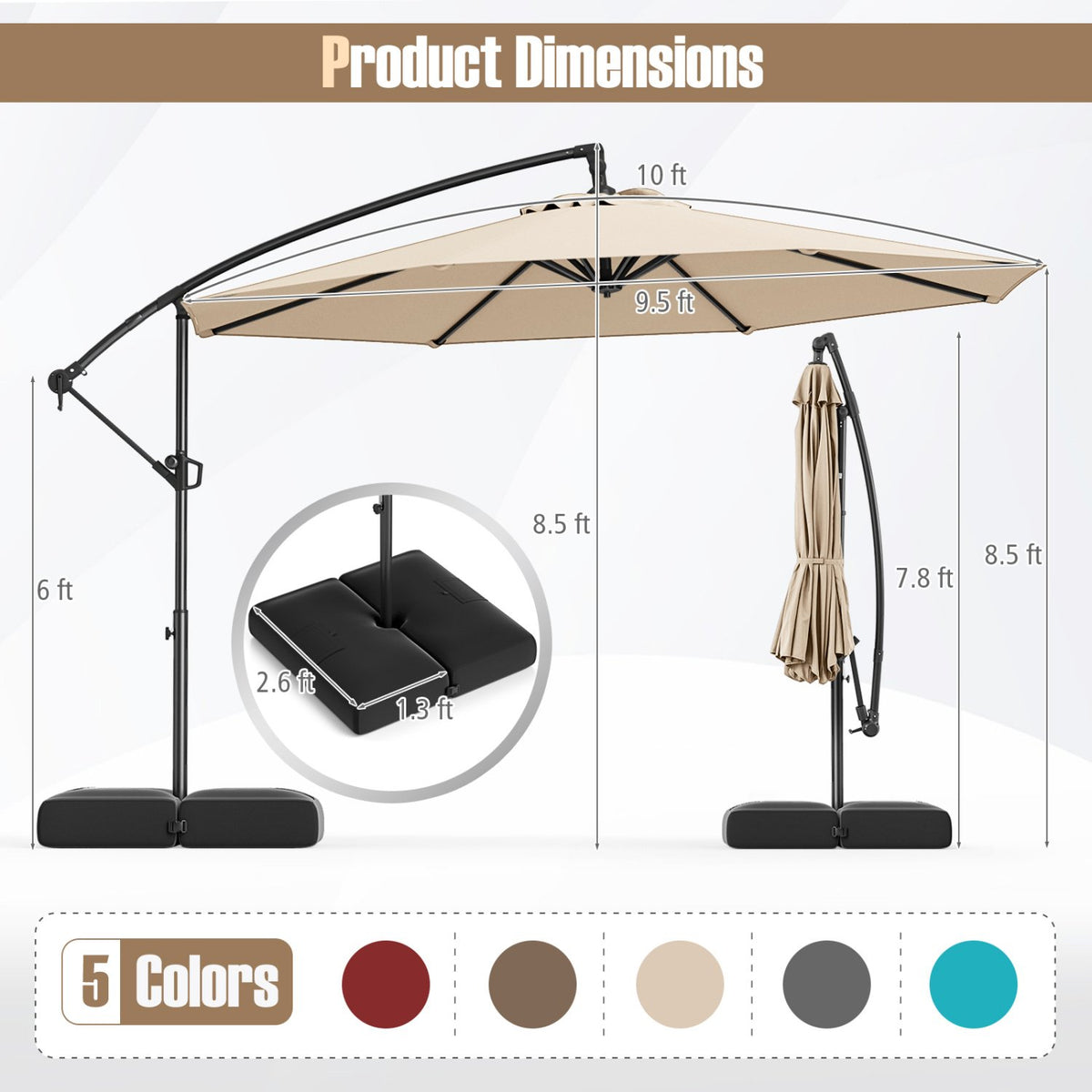 10 Feet Offset Hanging Umbrella with Base Patio Cantilever Umbrella with Tilt-Beige view 5