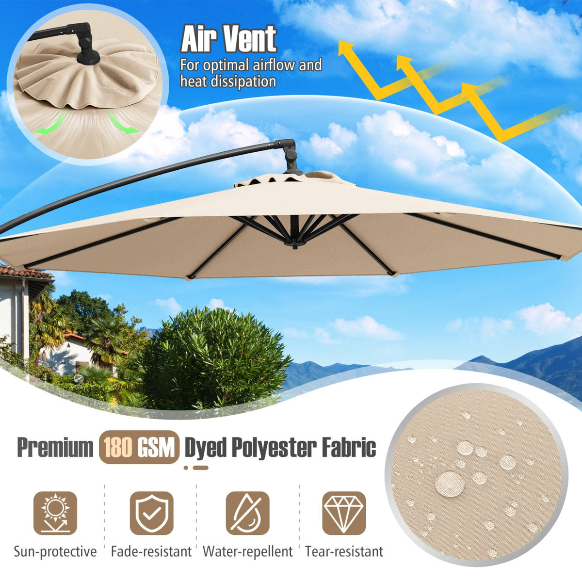 10 Feet Offset Hanging Umbrella with Base Patio Cantilever Umbrella with Tilt-Beige view 6