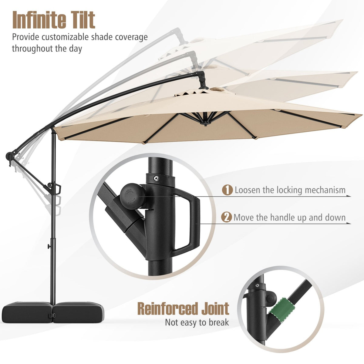 10 Feet Offset Hanging Umbrella with Base Patio Cantilever Umbrella with Tilt-Beige view 7