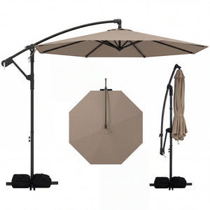 10 Feet Offset Hanging Umbrella with Base Patio Cantilever Umbrella with Tilt-Taupe
