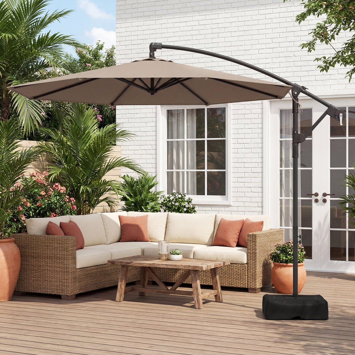 10 Feet Offset Hanging Umbrella with Base Patio Cantilever Umbrella with Tilt-Taupe view 3