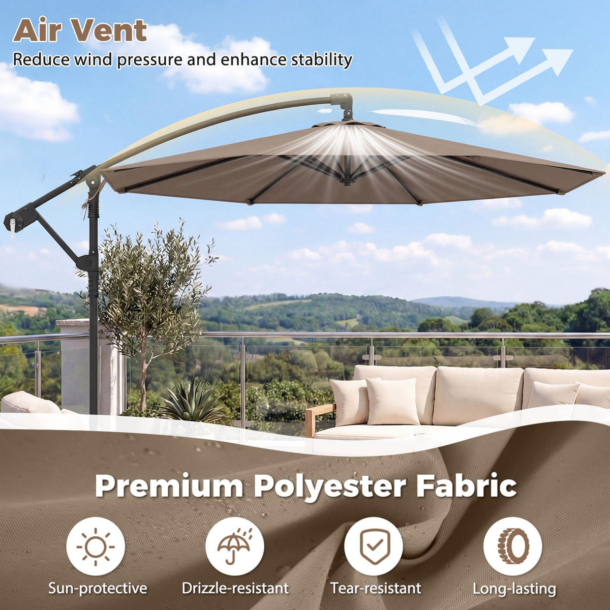10 Feet Offset Hanging Umbrella with Base Patio Cantilever Umbrella with Tilt-Taupe view 6