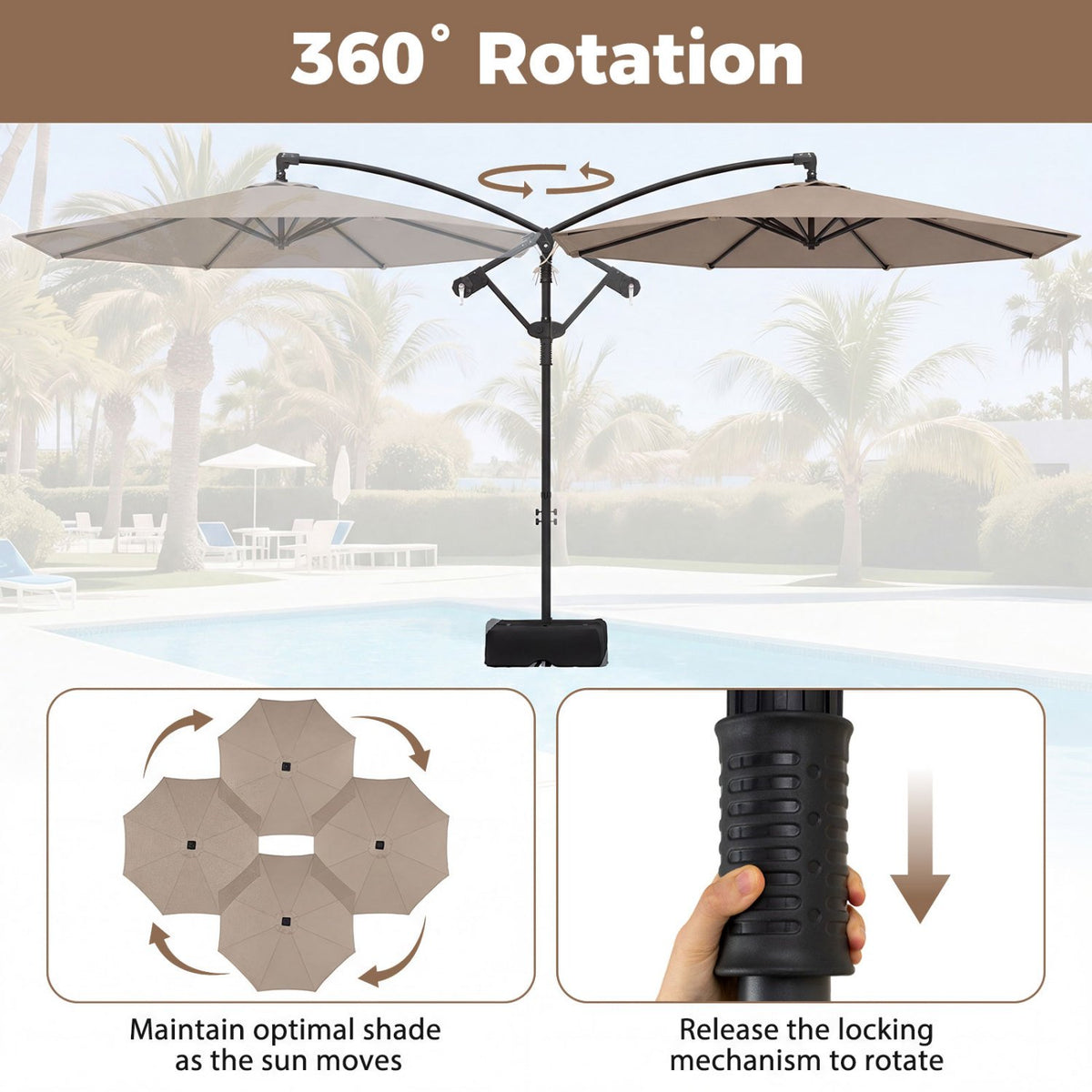10 Feet Offset Hanging Umbrella with Base Patio Cantilever Umbrella with Tilt-Taupe view 7