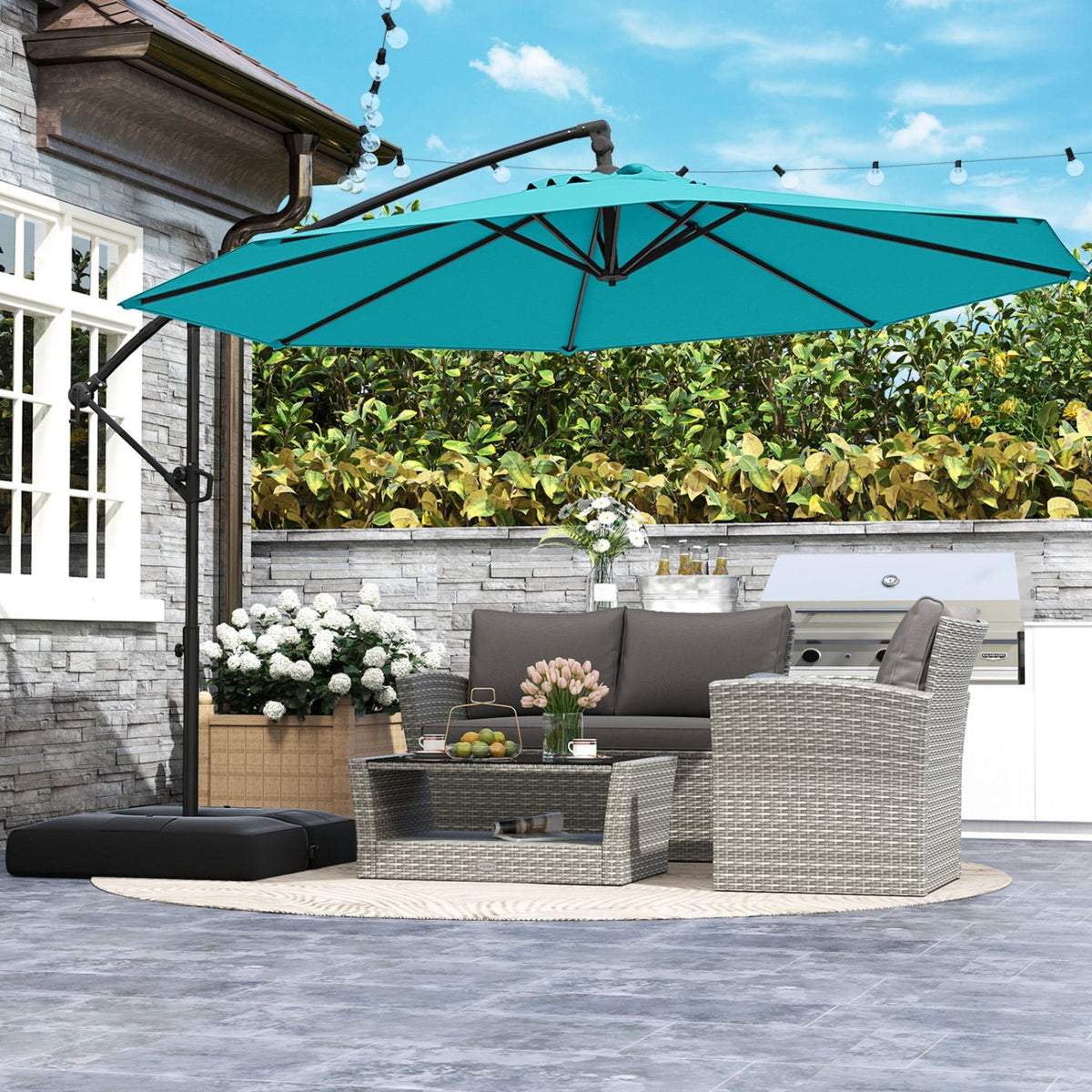 10 Feet Offset Hanging Umbrella with Base Patio Cantilever Umbrella with Tilt-Turquoise view 5