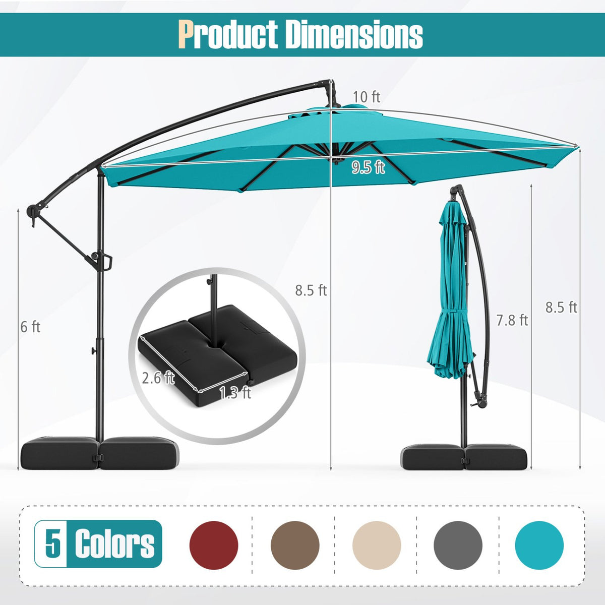 10 Feet Offset Hanging Umbrella with Base Patio Cantilever Umbrella with Tilt-Turquoise view 6