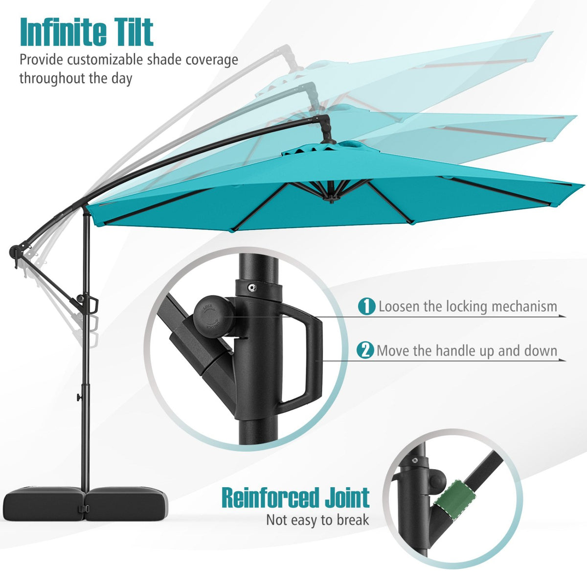 10 Feet Offset Hanging Umbrella with Base Patio Cantilever Umbrella with Tilt-Turquoise view 8