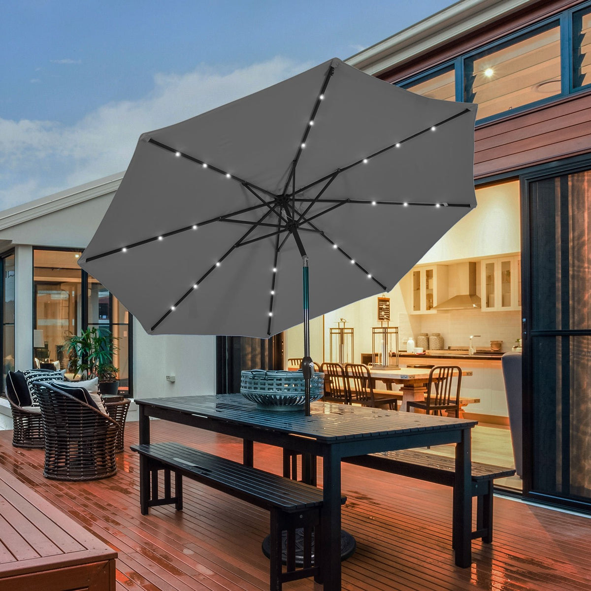 10 Feet Outdoor Patio Umbrella with Bright Solar LED Lights-Gray view 8