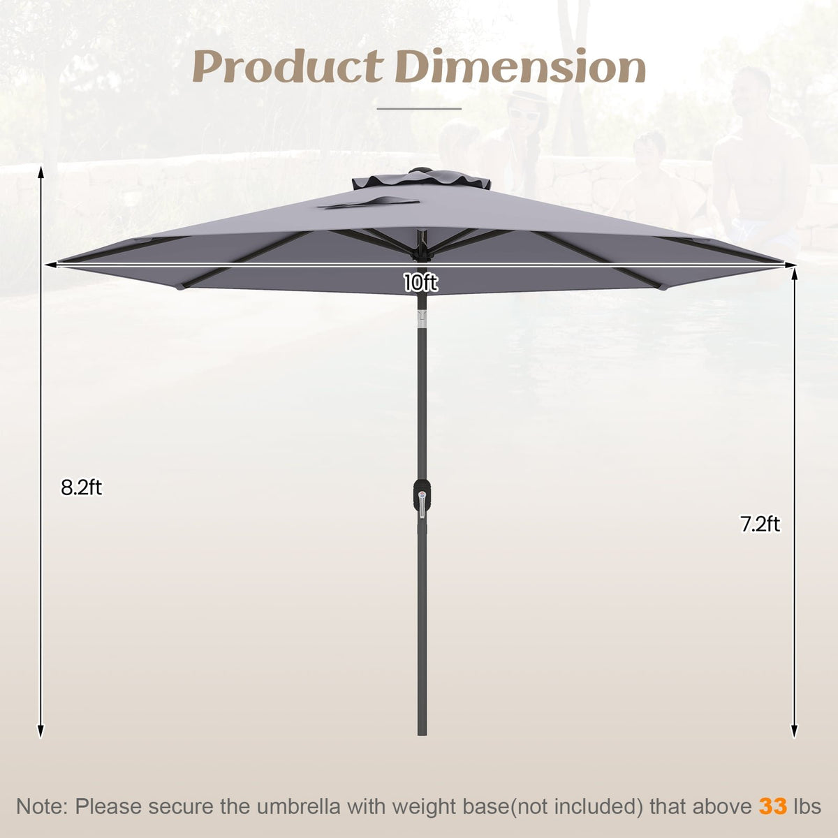 10 Feet Outdoor Patio Umbrella with Tilt Adjustment and Crank-Gray view 4