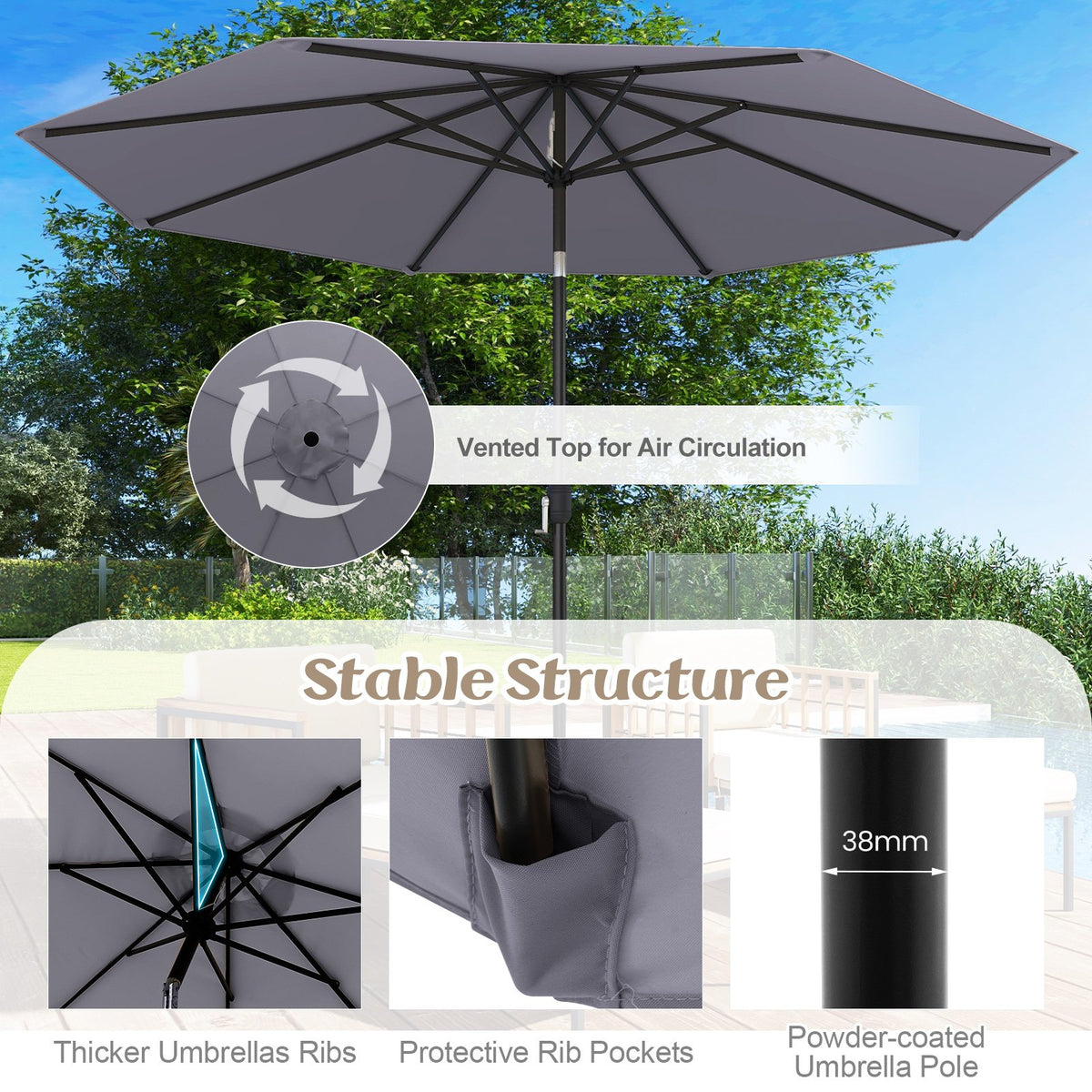 10 Feet Outdoor Patio Umbrella with Tilt Adjustment and Crank-Gray view 6