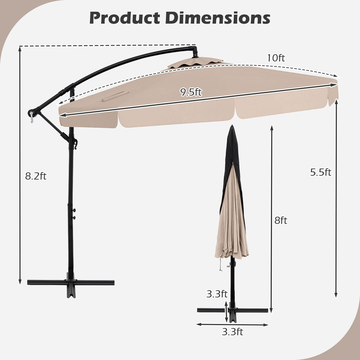 10 Feet Patio Cantilever Umbrella with Cover Tilt Adjustment and Ruffled Edge-Beige view 4