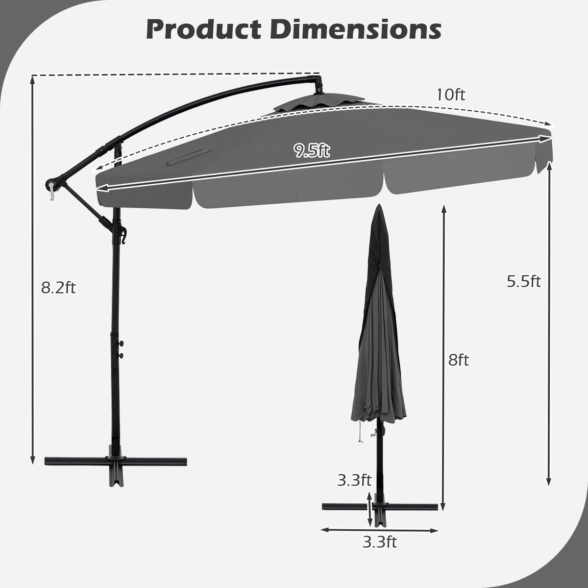 10 Feet Patio Cantilever Umbrella with Cover Tilt Adjustment and Ruffled Edge-Gray view 4