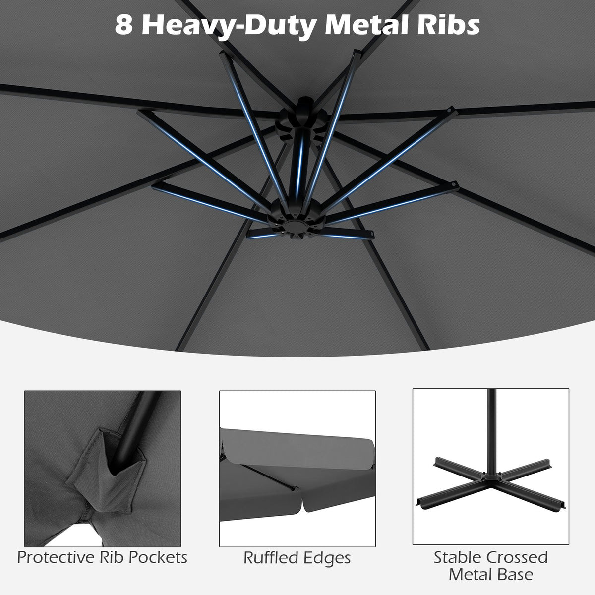 10 Feet Patio Cantilever Umbrella with Cover Tilt Adjustment and Ruffled Edge-Gray view 7