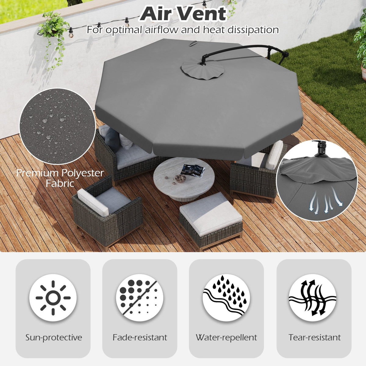 10 Feet Patio Cantilever Umbrella with Cover Tilt Adjustment and Ruffled Edge-Gray view 8