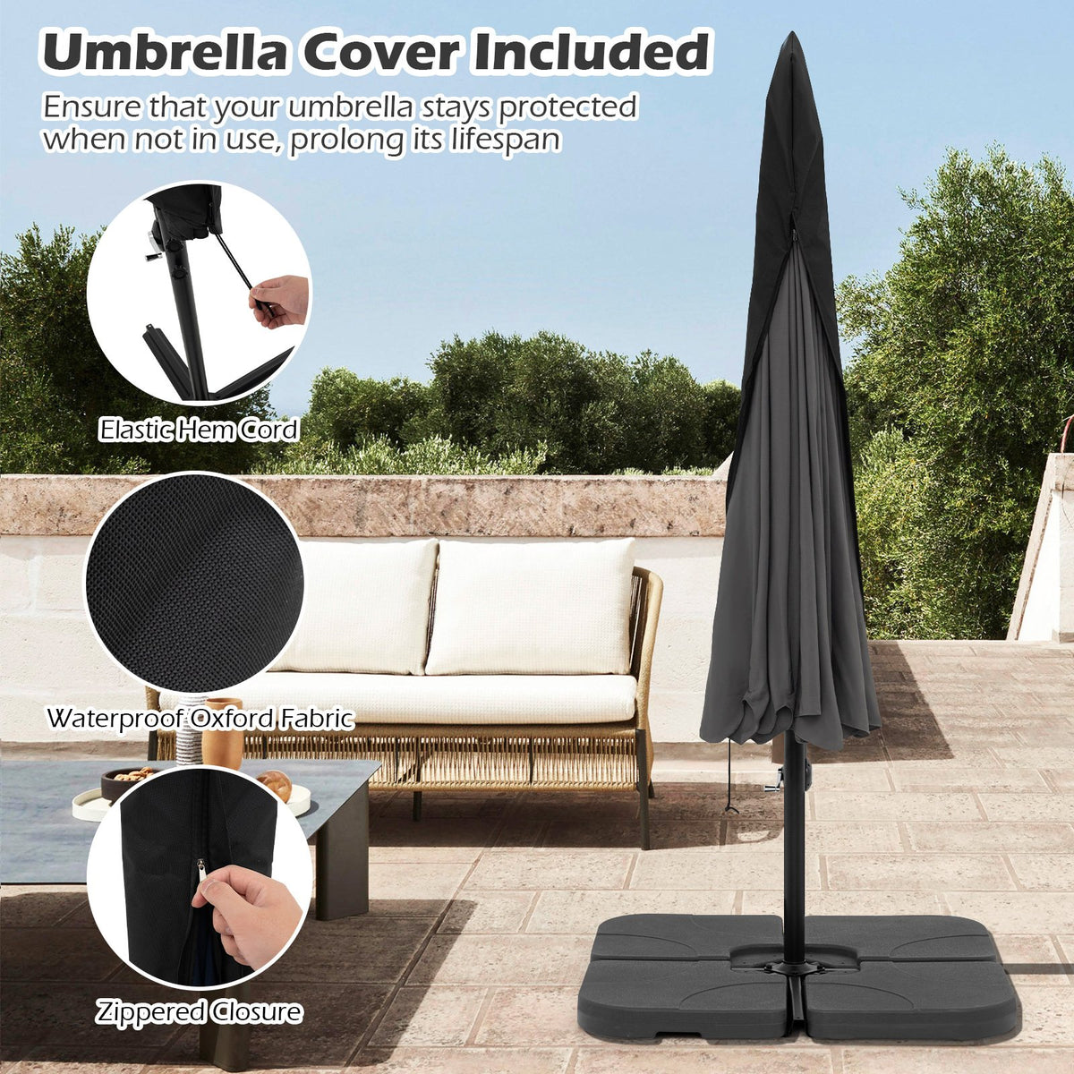10 Feet Patio Cantilever Umbrella with Cover Tilt Adjustment and Ruffled Edge-Gray view 9