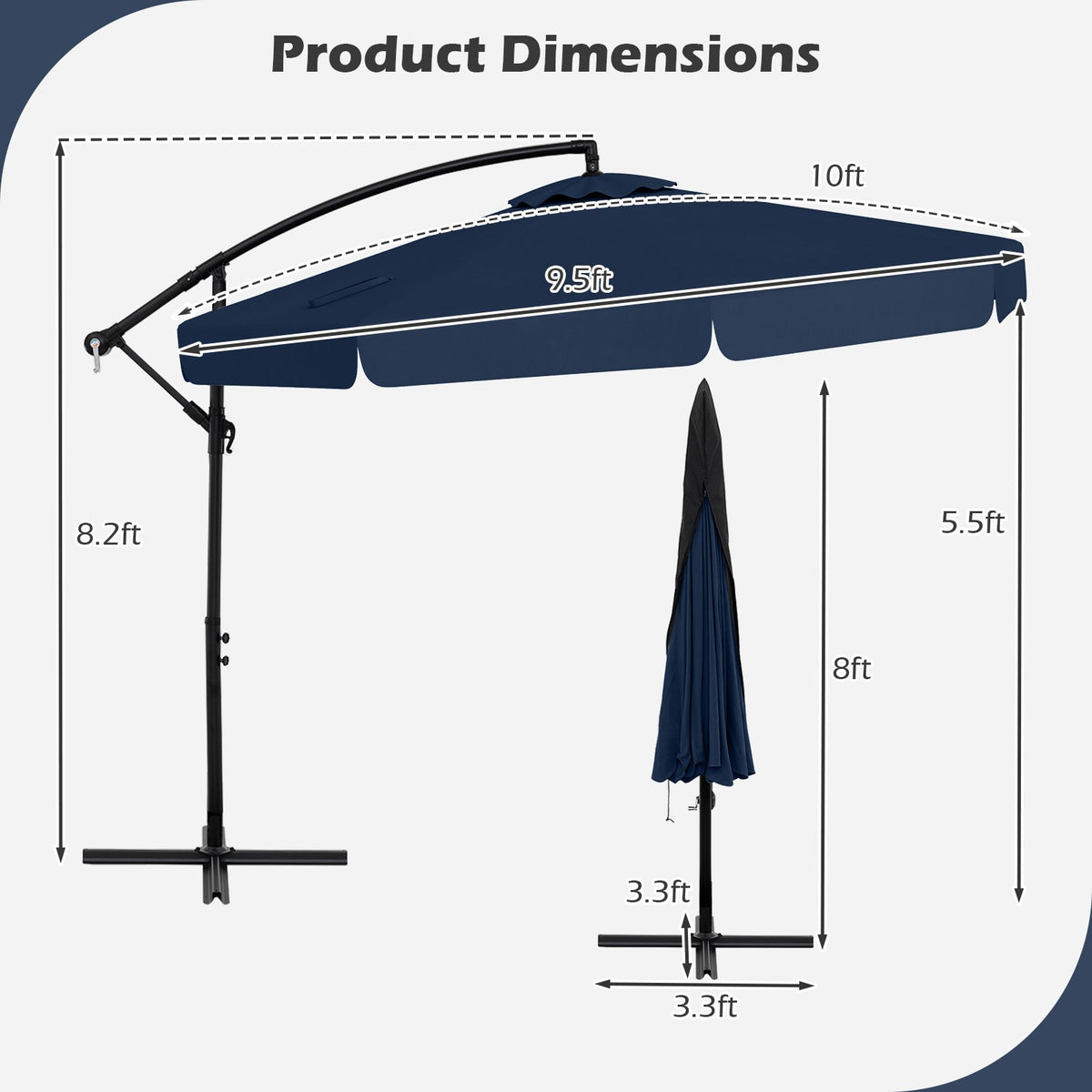 10 Feet Patio Cantilever Umbrella with Cover Tilt Adjustment and Ruffled Edge-Navy view 4