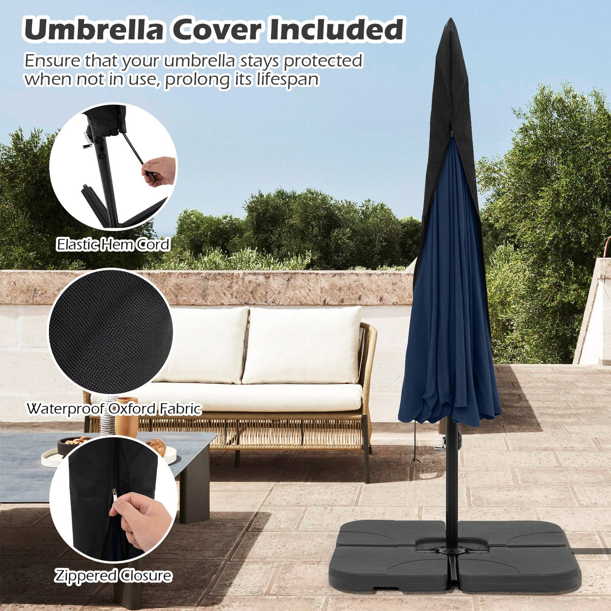 10 Feet Patio Cantilever Umbrella with Cover Tilt Adjustment and Ruffled Edge-Navy view 9
