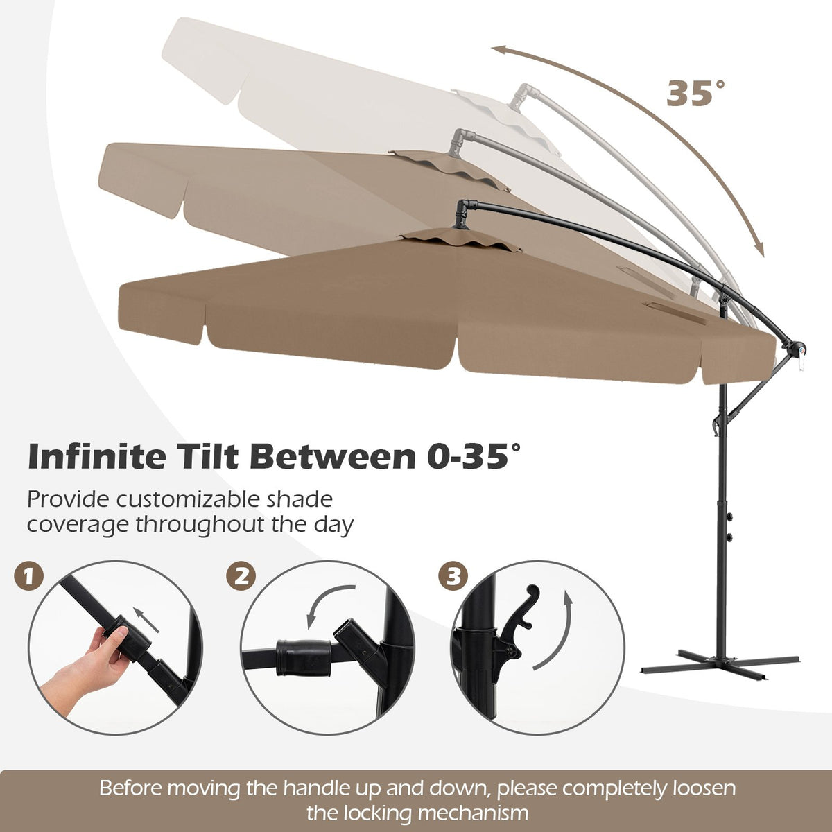 10 Feet Patio Cantilever Umbrella with Cover Tilt Adjustment and Ruffled Edge-Taupe view 6
