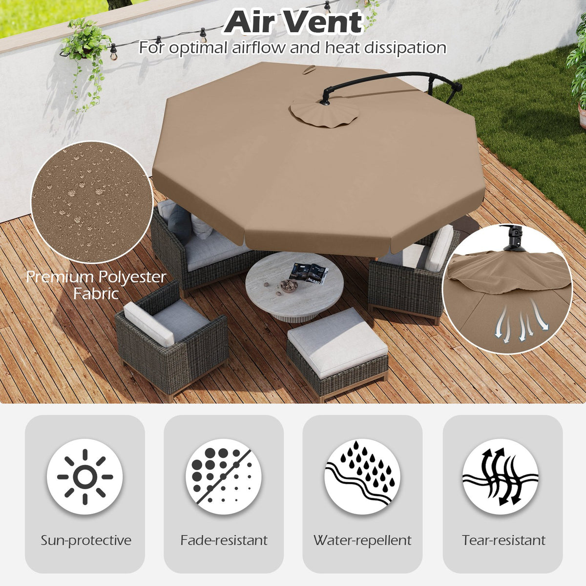 10 Feet Patio Cantilever Umbrella with Cover Tilt Adjustment and Ruffled Edge-Taupe view 8