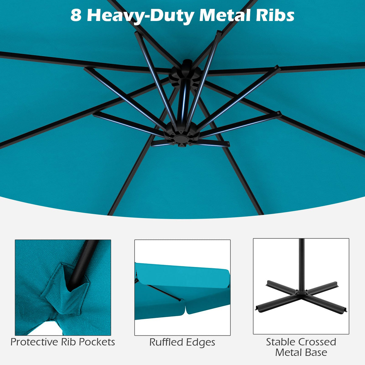 10 Feet Patio Cantilever Umbrella with Cover Tilt Adjustment and Ruffled Edge-Turquoise view 7