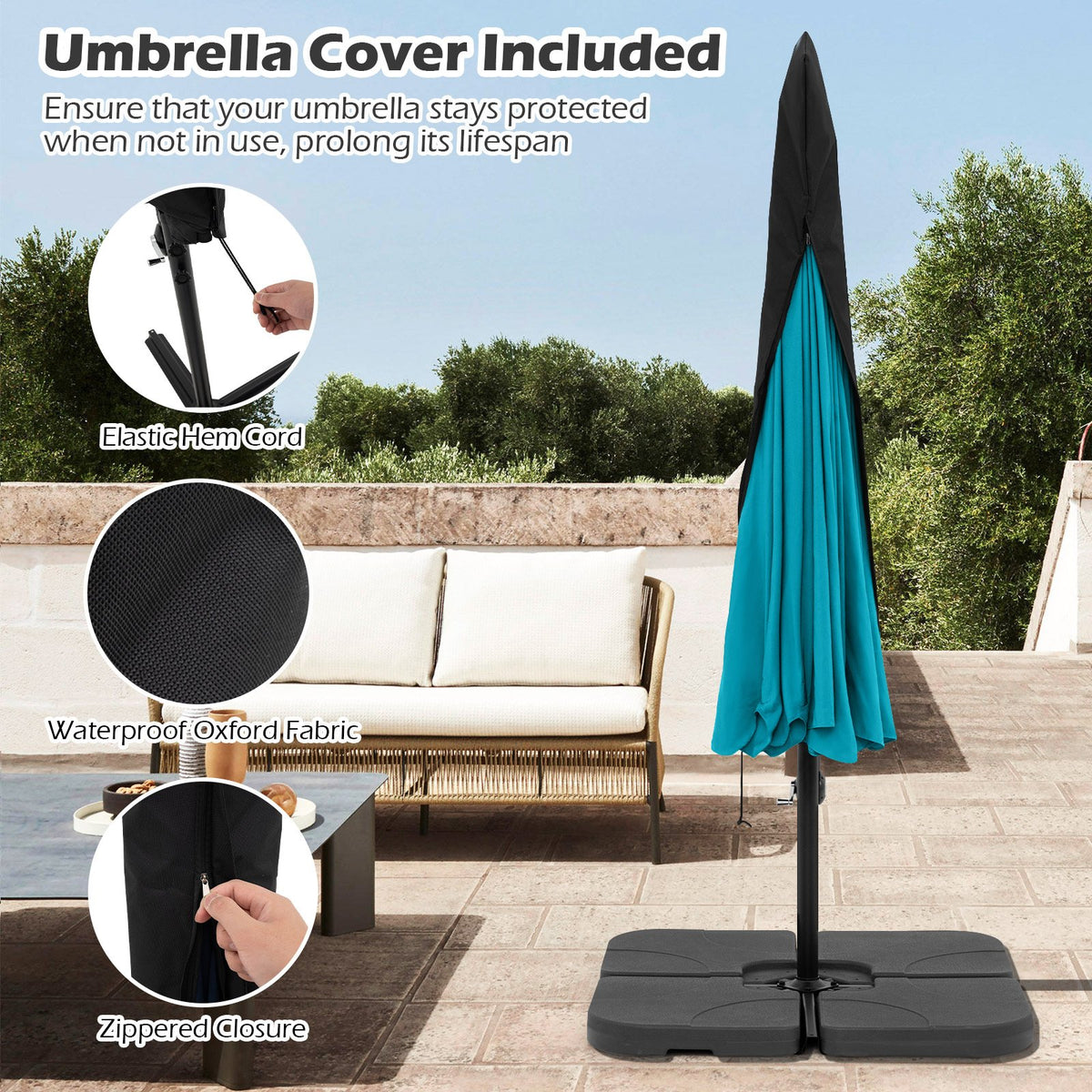 10 Feet Patio Cantilever Umbrella with Cover Tilt Adjustment and Ruffled Edge-Turquoise view 9