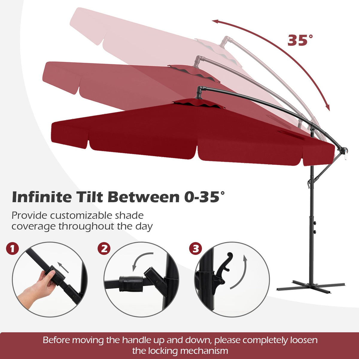 10 Feet Patio Cantilever Umbrella with Cover Tilt Adjustment and Ruffled Edge-Wine view 6