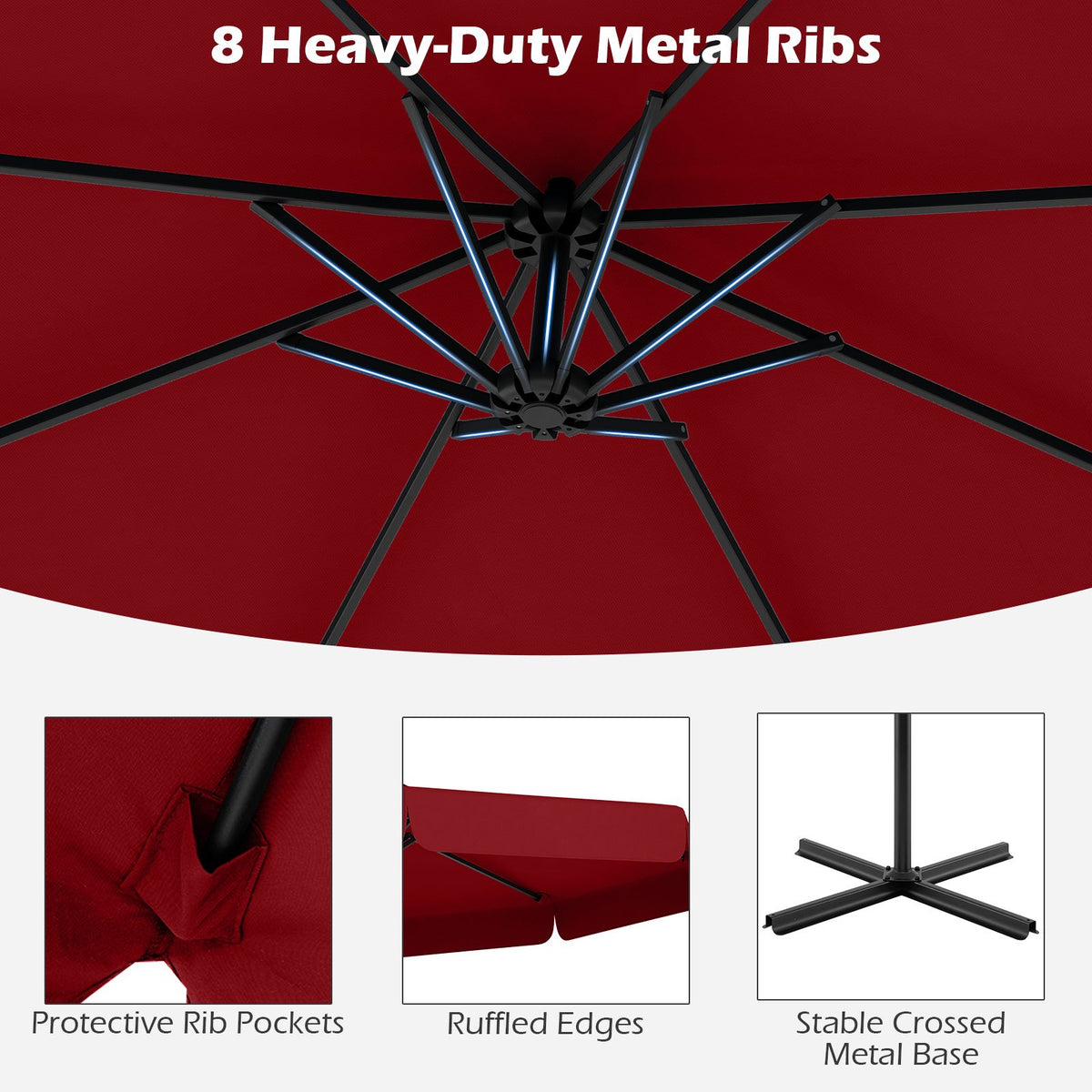 10 Feet Patio Cantilever Umbrella with Cover Tilt Adjustment and Ruffled Edge-Wine view 7