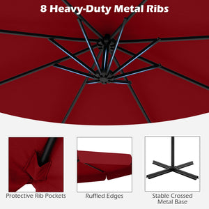 10 Feet Patio Cantilever Umbrella with Cover Tilt Adjustment and Ruffled Edge-Wine view 7