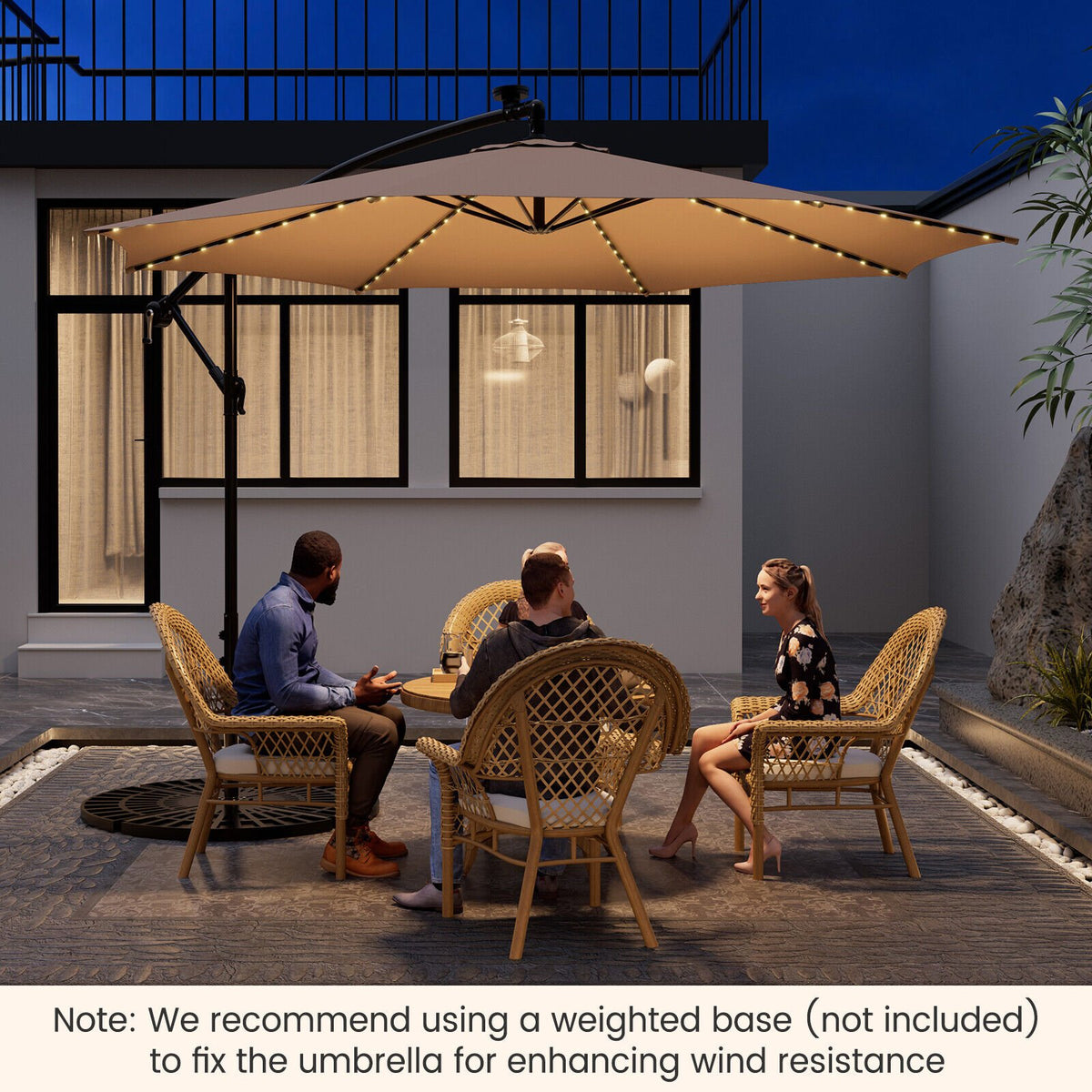 10 Feet Patio Offset Umbrella with 112 Solar-Powered LED Lights-Beige-Beige view 3