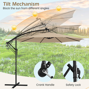 10 Feet Patio Offset Umbrella with 112 Solar-Powered LED Lights-Beige-Beige view 5
