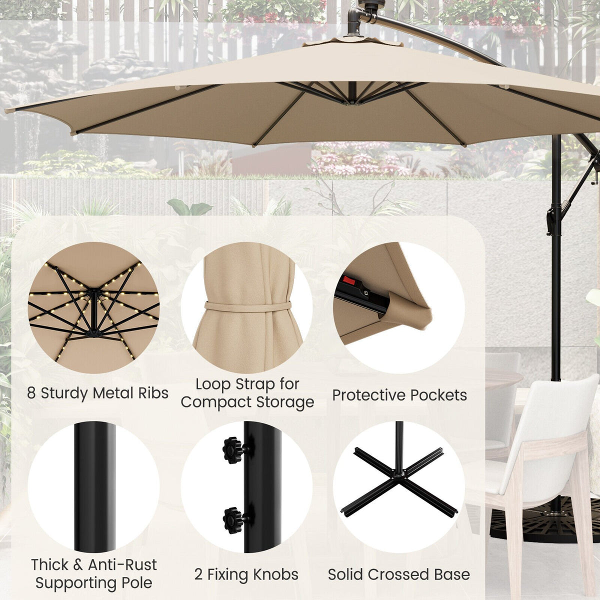 10 Feet Patio Offset Umbrella with 112 Solar-Powered LED Lights-Beige-Beige view 8