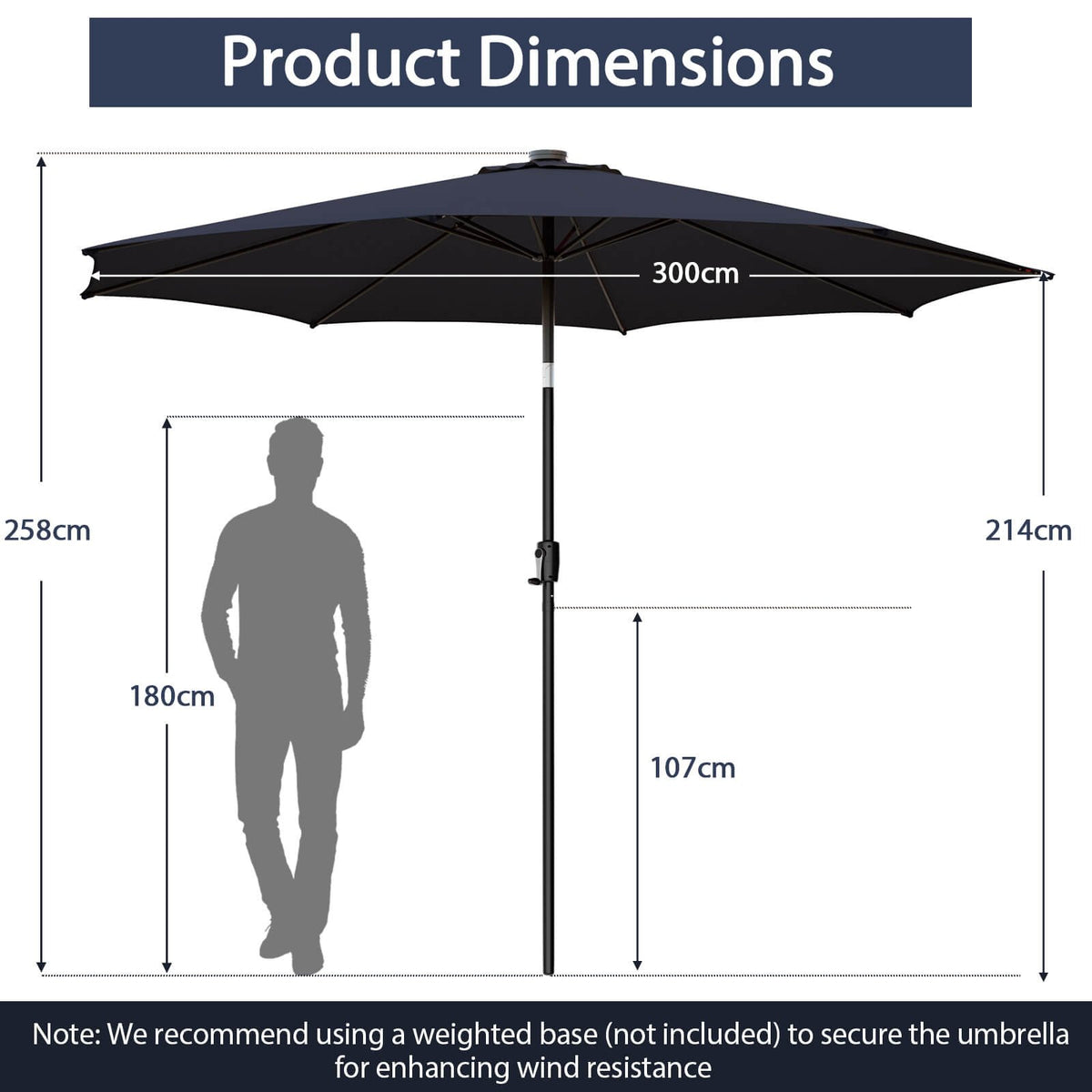 10 Feet Patio Umbrella with 112 Solar Lights and Crank Handle-Navy view 5