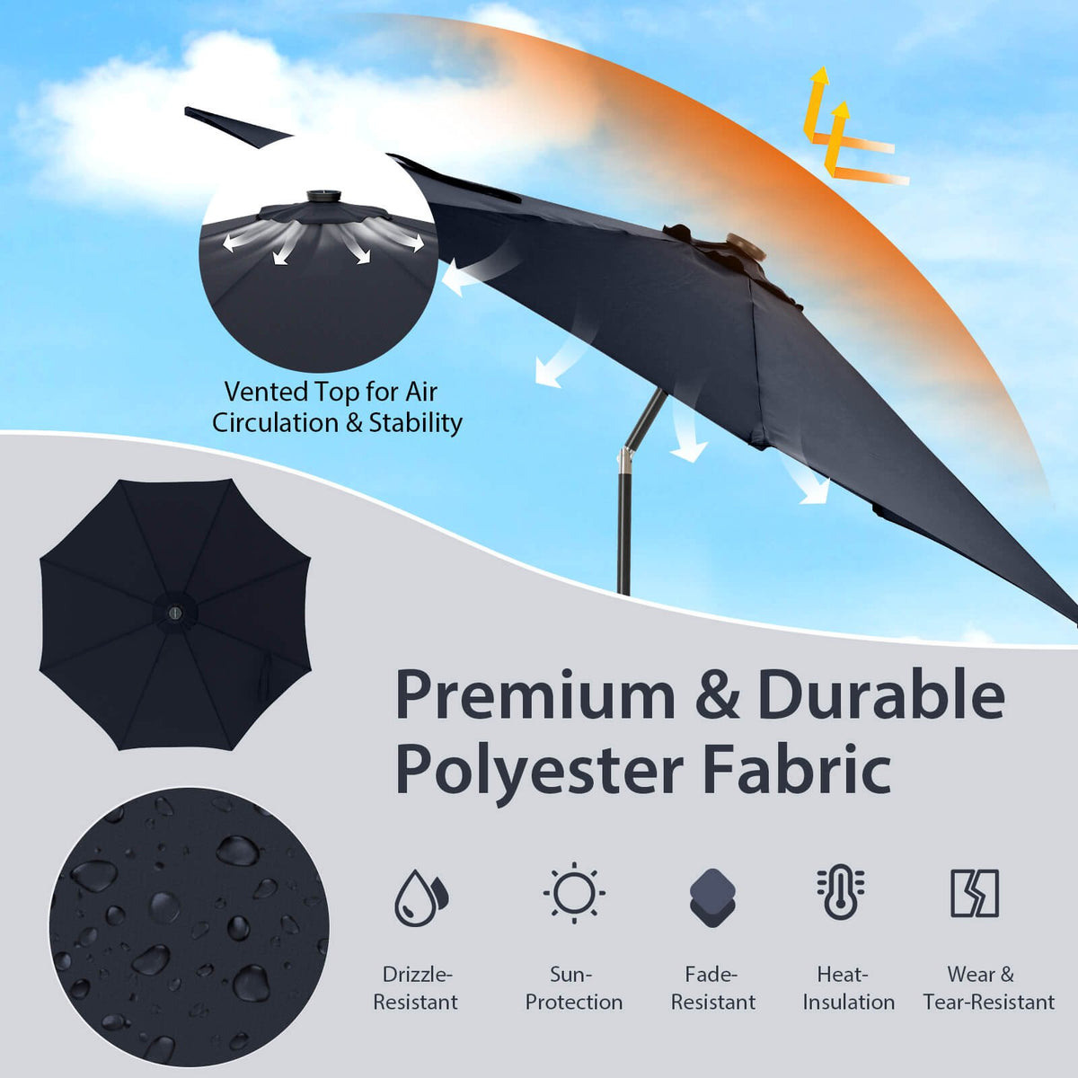 10 Feet Patio Umbrella with 112 Solar Lights and Crank Handle-Navy view 7