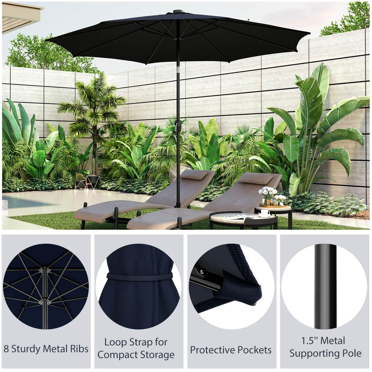 10 Feet Patio Umbrella with 112 Solar Lights and Crank Handle-Navy view 8