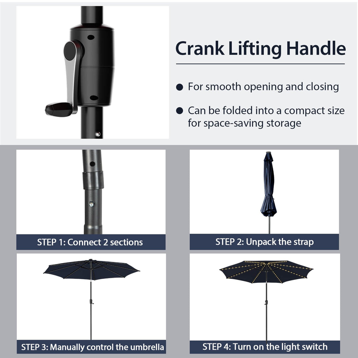 10 Feet Patio Umbrella with 112 Solar Lights and Crank Handle-Navy view 9