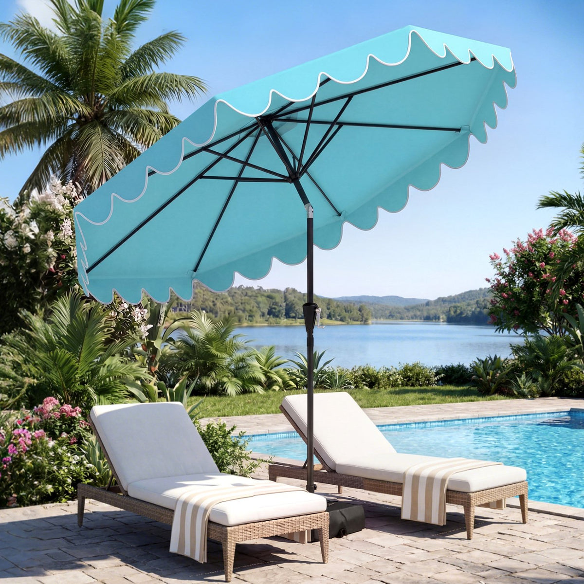 10 Feet Patio Umbrella with Weighted Base and Sandbags-Turquoise view 2